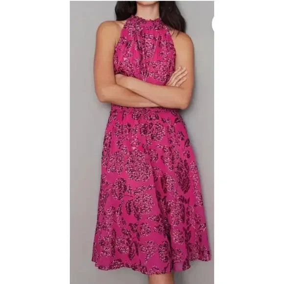 WHBM Pink Floral Applique Burnout Halter Smock-Neck Midi - Picture 2 of 11